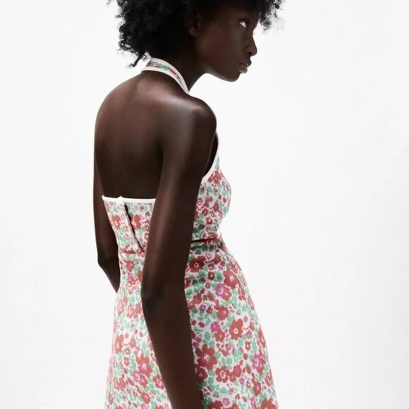 Zara - retro floral jacquard stretch knit mini halter dress - Picture 2 of 3
